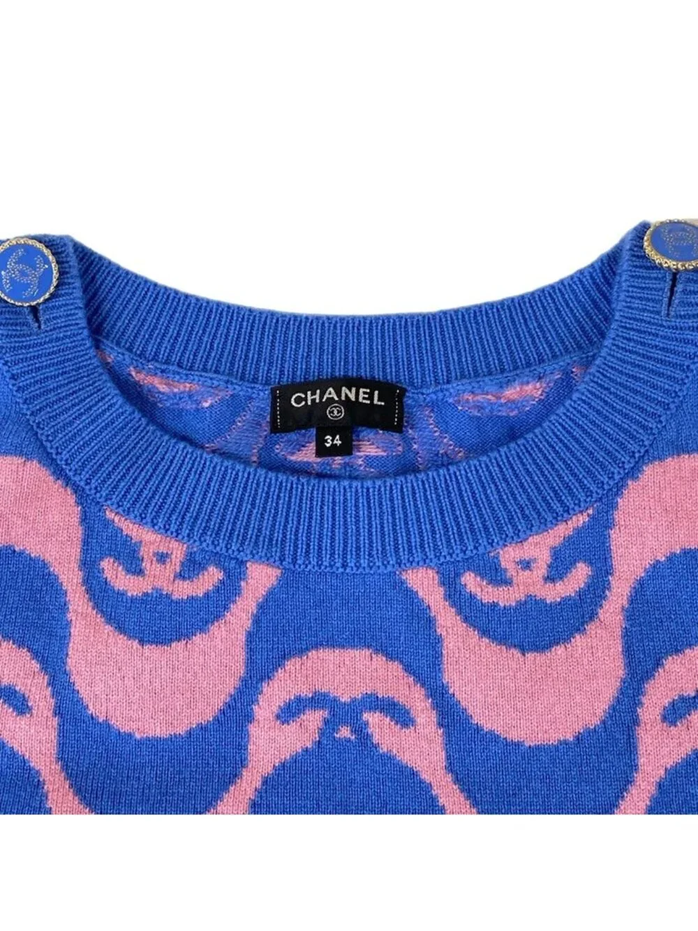 Chanel Long Sleeve Sweater 34 S Blue Pink Crew Neck CC Logo Knit Cashmere